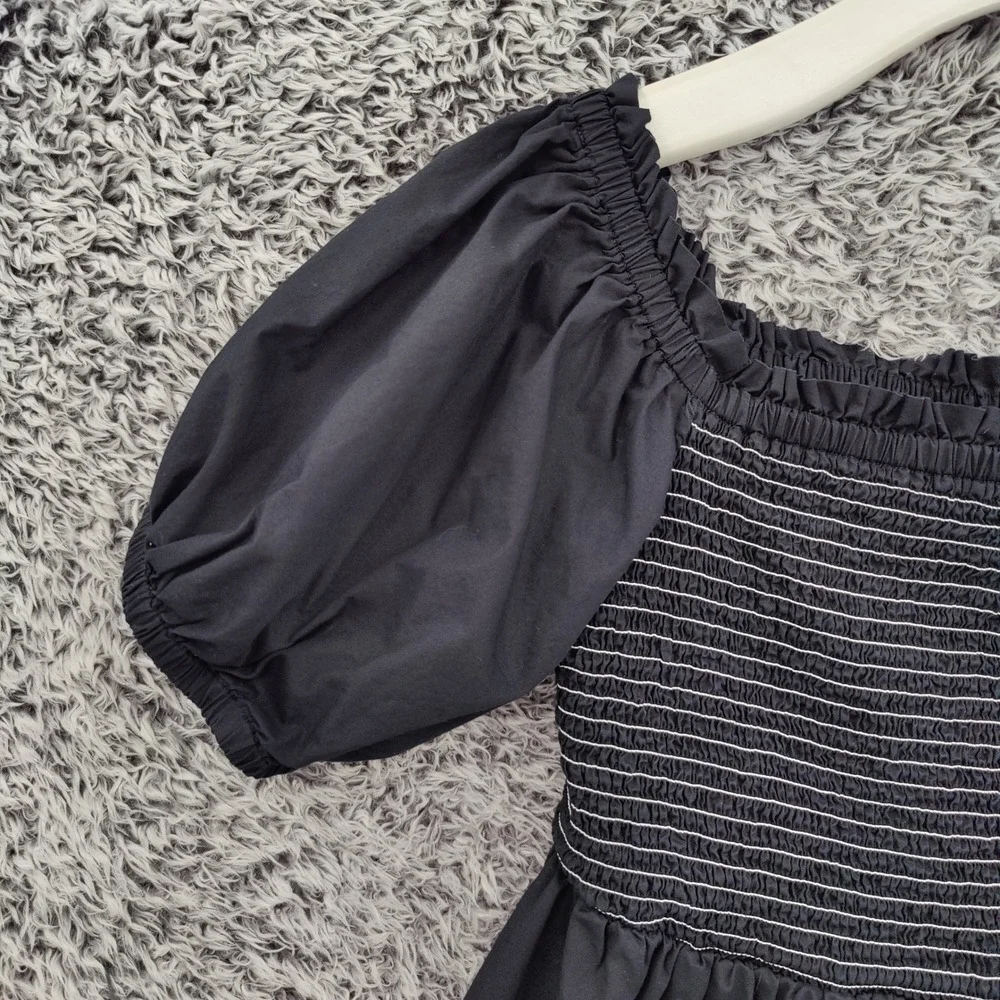 Old Navy Womens Cottagecore Peasant Smocked Puff Sleeve Peplum Top L Black